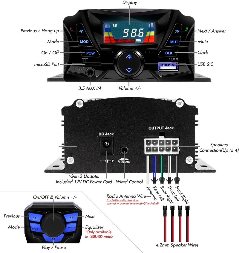 GoHawk Motorcycle Speakers Bluetooth, Waterproof Speakers and Amplifier Audio Sound System, Weatherproof, FM Radio, Volume Control, ATV UTV w/AUX in, USB, Micro SD - Image 3